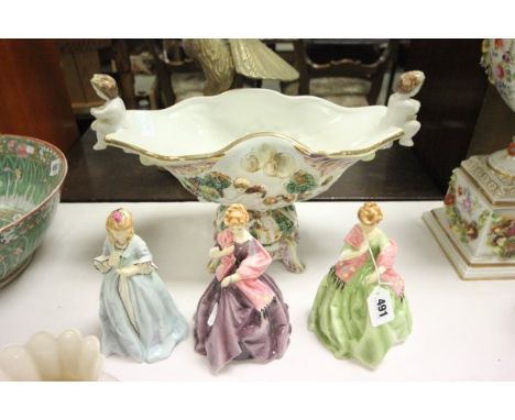 Three Royal Worcester Figurines modelled by Freda Doughty - Sweet Anne and First Dance in Green Dress and First Dance in Purp