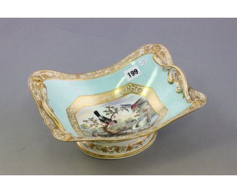 Early 19th century Twin Handled Bowl, pale blue ground with gilt scroll & foliate decoration and central painted panel depict
