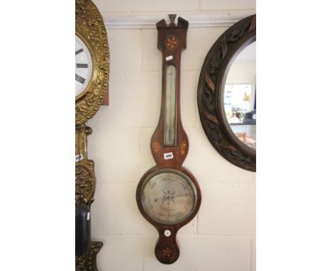 19th century Mahogany Wheel Barometer / Thermometer inlaid with flowers and shells, the silvered barometer face marked B Beso