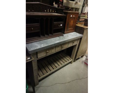 Limed Pine Tin Topped Work Table with Three Drawers and Pot Shelf