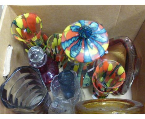 Group of Glassware including Multi-coloured Lemonade Jug & 5 Glasses, Two Studio Glass Bowls, Red Glass Decanter, etc