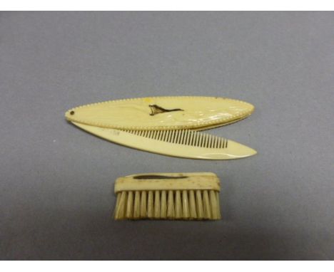 Art Deco Ivorine Folding Comb with Swimming Scene Design together with a Bone Vanity Manicure Set