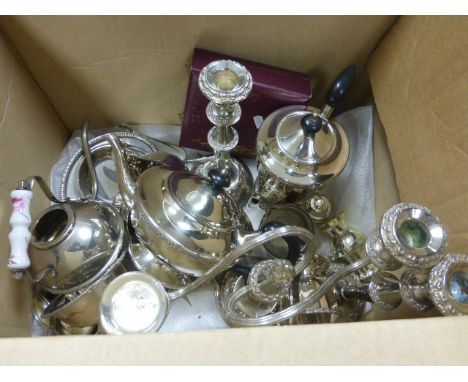 Group of Silver Plate including Tray with Coffee Pot, Tea Pot, Milk & Sugar, Pair Candlesticks, Candelarbra, Watercan, Condim