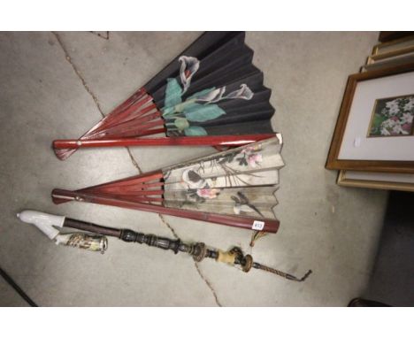 Two Large Bamboo & Paper Handpainted Fans together with a Vintage Ceramic German Pipe and Horn and Antler Stem plus Cased Par