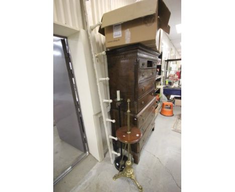 Early 20th century Brass Standard Lamp Base with integral Oak Shelf