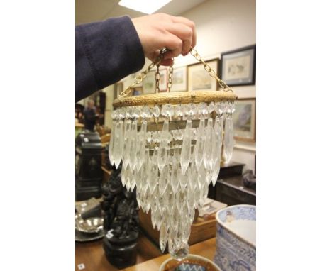 Five Tier Crystal Drop Chandelier, another Crystal Drop Chandelier, group of Spare Drops and a pair of Gilt Metal Wall Light 