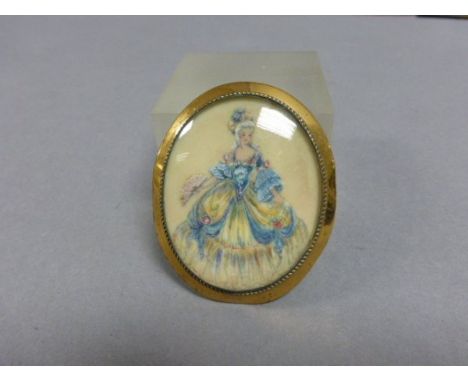 20th century Gilt Metal Oval Brooch with Painted Portrait of an 18th century Lady