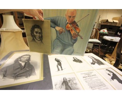 Music Interest Pastel Portrait of Violinist Paganini, Oil Portrait of Violinist, etc, unframed