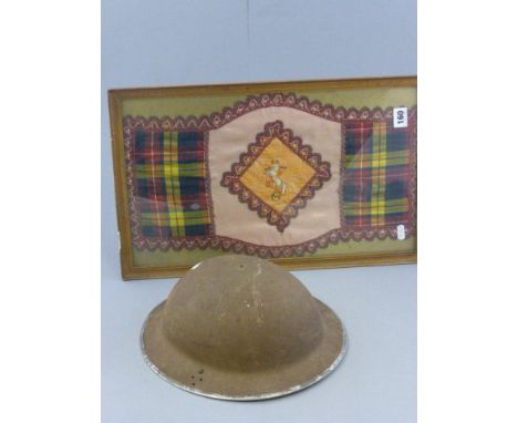 Framed and Glazed R.E.M.E Tartan & Embroidered Cloth plus a Westinghouse Helmet
