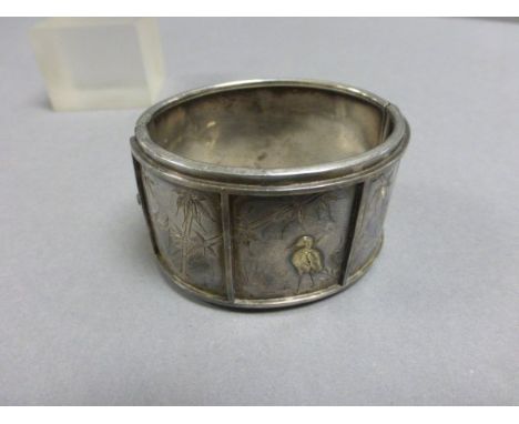 Sterling Silver Bangle, Chinese Design with Stork