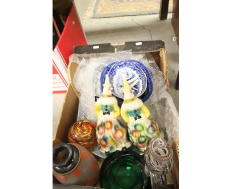 Various Blue and White Plates, Pair Ceramic Clown Decanters plus Glass Paperweights, Bowl, Vase, etc