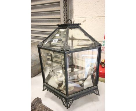 Hexagonal Bevelled Glazed Hanging Lamp with star cut decoration (one glass panel missing)