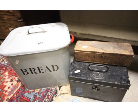 Enamel Bread Bin, 19th century Metal Deed Box and a Wooden Box