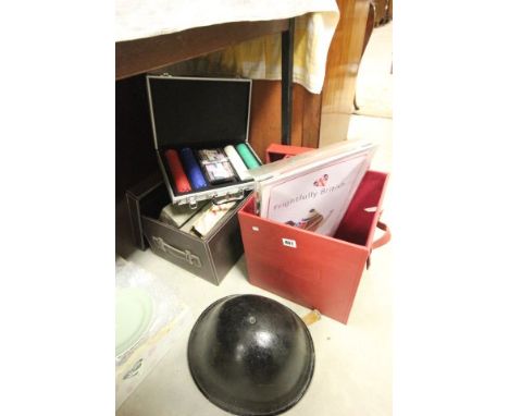 Two Contemporary Leather Storage Boxes containing a Group of Pianola Rolls, Poker Chips in a Flight Style Case, Two Tin Plate