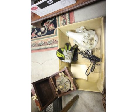 Tiffany Style Butterfly Table Lamp, Brass Button Polisher, Cased Hardwood Compass and a Studio  Pottery Vase