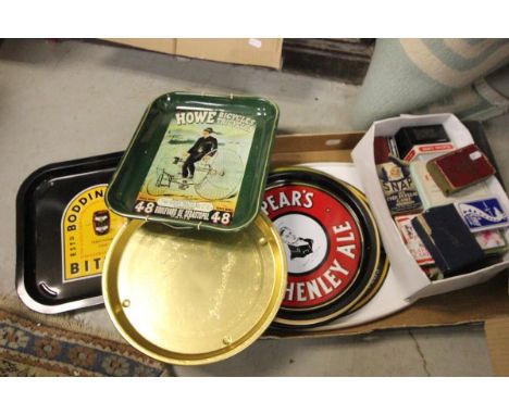 Box containing Various Playing Cards and Vintage Bridge Card Packs together with Seven Pub Advertising Trays