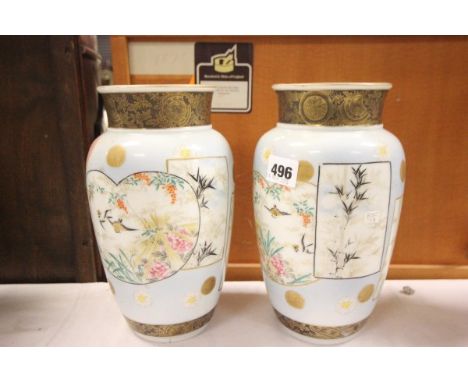 Pair of Japanese Kutani Vases with decorative panel signed to base (one a/f)