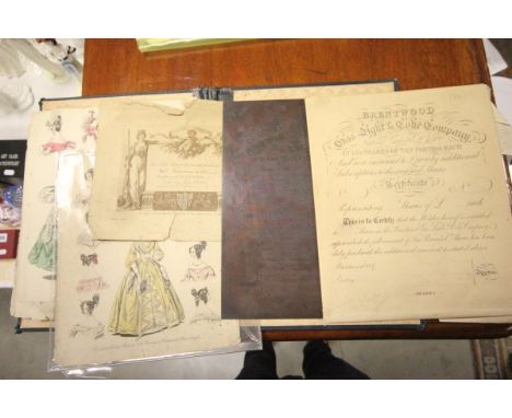Folder of Early 19t6h century Fashion Prints together with a Copper Share Certificate Plate