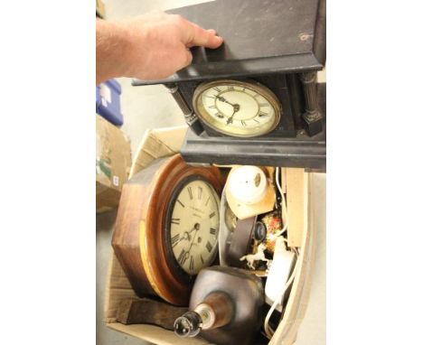 Box of Various Clocks and a Studio Pottery Lamp