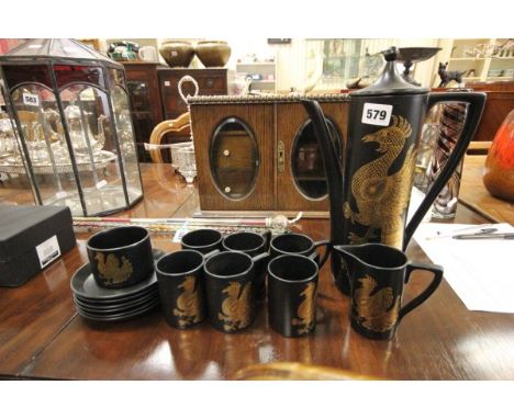 Portmeirion Gold Pheonix Coffee Set comprising Six Cups and Saucers, Coffee Pot, Milk and Sugar
