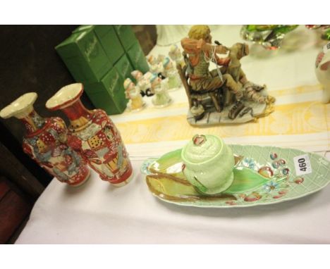 Clarice Cliff Leaf Dish, Carltonware Preserve Pot and a Pair of Japanese Vases