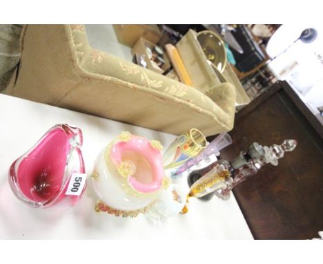 Murano Amethyst Glass Decanter, Bohemian Glass Decanter, Pink Studio Glass Bowl, Two Vaseline Glass Bowls and Three Other Ite