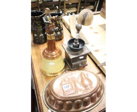 French Coffee Grinder, Copper Food Mould and a Wade Whiskey Decanter with German Wooden Bottle Stopper in the form of a Man f
