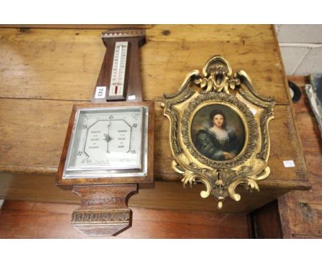 Mid 20th century Oak Cased Barometer and Ornate Gilt Framed Portrait of a Lady