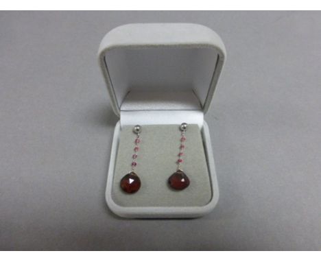 Pair of White Gold, Ruby and Garnet Drop Earrings
