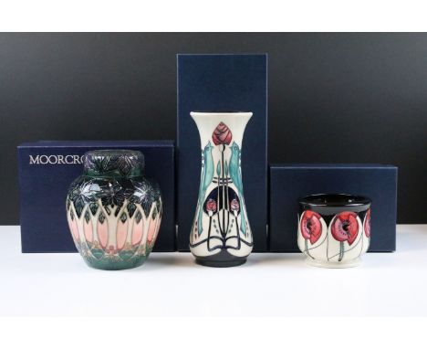 Three Moorcroft vases to include a Cinco pattern small planter vase, Talwin pattern vase and a Cluny pattern ginger jar with 