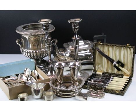 Collection of silver and silver plated items to include a Georgian silver hallmarked tea caddy spoon, three 19th Century silv