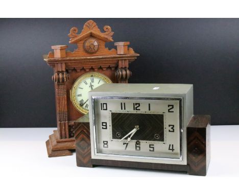 H.A.C Art Deco mantel clock with silvered dial and Arabic numerals (approx 33cm wide), together with an early 20th century ma