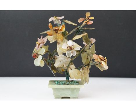 Chinese Hardstone Bonsai Blossom Tree including Rose Quartz and Quartz contained in a Jade Pot, 22cm high 
