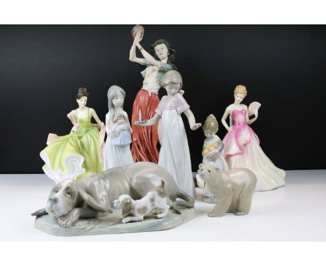 Collection of porcelain figures to include Nao, Lladro &amp; Royal Doulton, featuring 2 x Royal Doulton 'Pretty Ladies', Nao 
