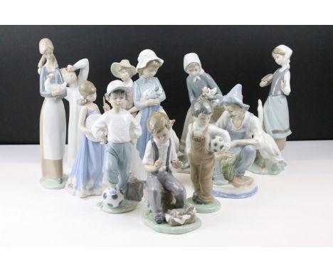 Collection of 11 porcelain figures to include Lladro &amp; Nao, featuring Lladro 4568 Shepherdess with Ducks, Lladro 1052 Gir