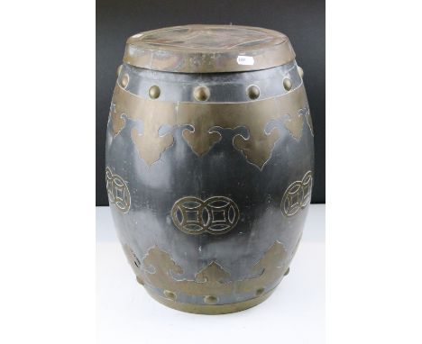 Eastern pewter lidded barrel shaped stool, with brass studs and decorative brass inlay, 41cm high x 24cm diameter (lid) 