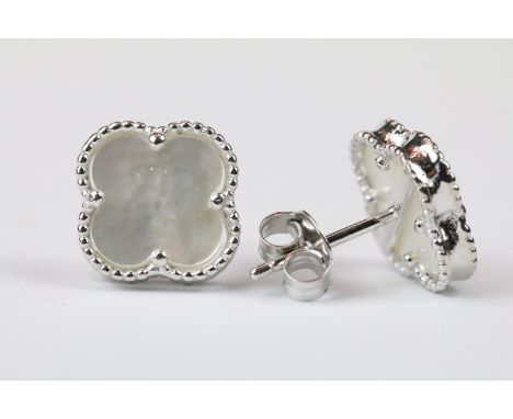 Pair of silver and mother of pearl four leaf clover stud earrings 