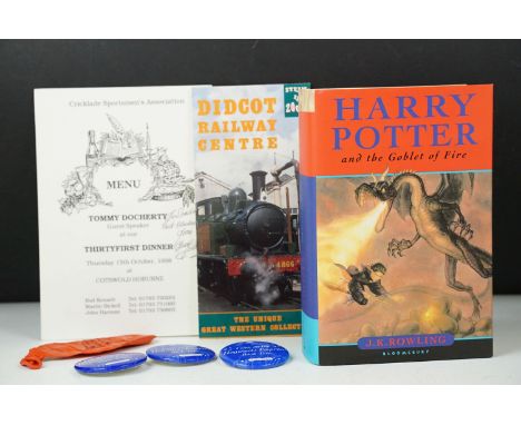 A small group of Harry Potter collectables to include a signed first edition of Harry Potter and the Goblet of Fire, a first 