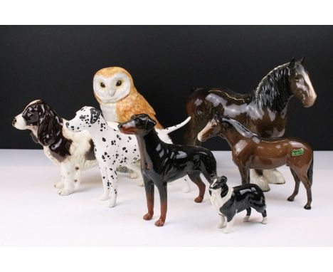 Group of Beswick porcelain animals to include a Shire horse, 'Arnoldene' Dalmatian, foal, Border Collie, Barn Owl, etc, plus 
