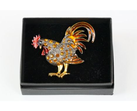 Gilt, enamel and diamonte chicken brooch 