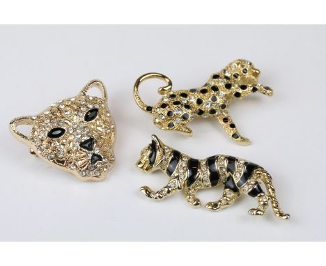 Three Costume Jewellery Enamel and Crystal set Brooches in the form of a Tigers and a Cheetah, largest 5cm long 