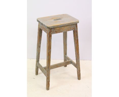 Painted pine stool with stretchered base, 66cm high x 34cm (seat) x 26cm (seat) 