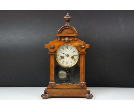 Vienna style wooden chiming mantel clock, the white dial with black Roman numerals, approx 40cm high 