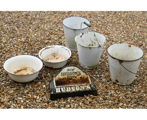 Advertising - A cast iron Hudsons Soap dog water trough, together with a group of five enamel buckets &amp; bowls, and an oct