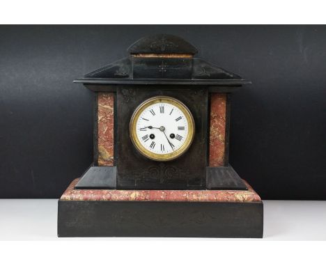 Victorian slate &amp; marble mantle clock, the white dial with Roman numerals and poker style hands, measures approx 37cm hig