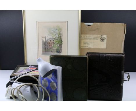 Mixed ephemera &amp; collectables to include framed stamp sheets, 'On His Majesty's Service' photographs, watercolour, Folio 