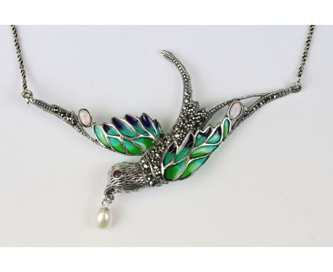 Silver marcastie and plique a jour necklace with opal babachons 