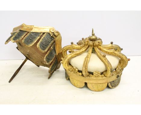 Wooden hanging light fitting carved as a crown, with gilded decoration, with decorative gilt metal hanging chain, 40cm high t