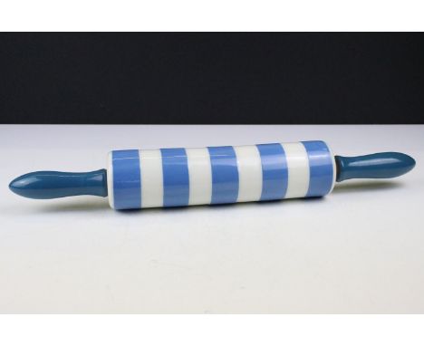 T.G. Green Blue and White Cornishware Rolling Pin, green T.G. Green &amp; Co Ltd mark to end, 47cm long