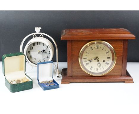 A wooden cased mantle clock together with another clock and a selection of ladies watches and costume jewellery. 